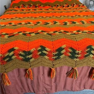 Handmade Chevron Pattern Blanket‎ - Orange and Brown 70x74